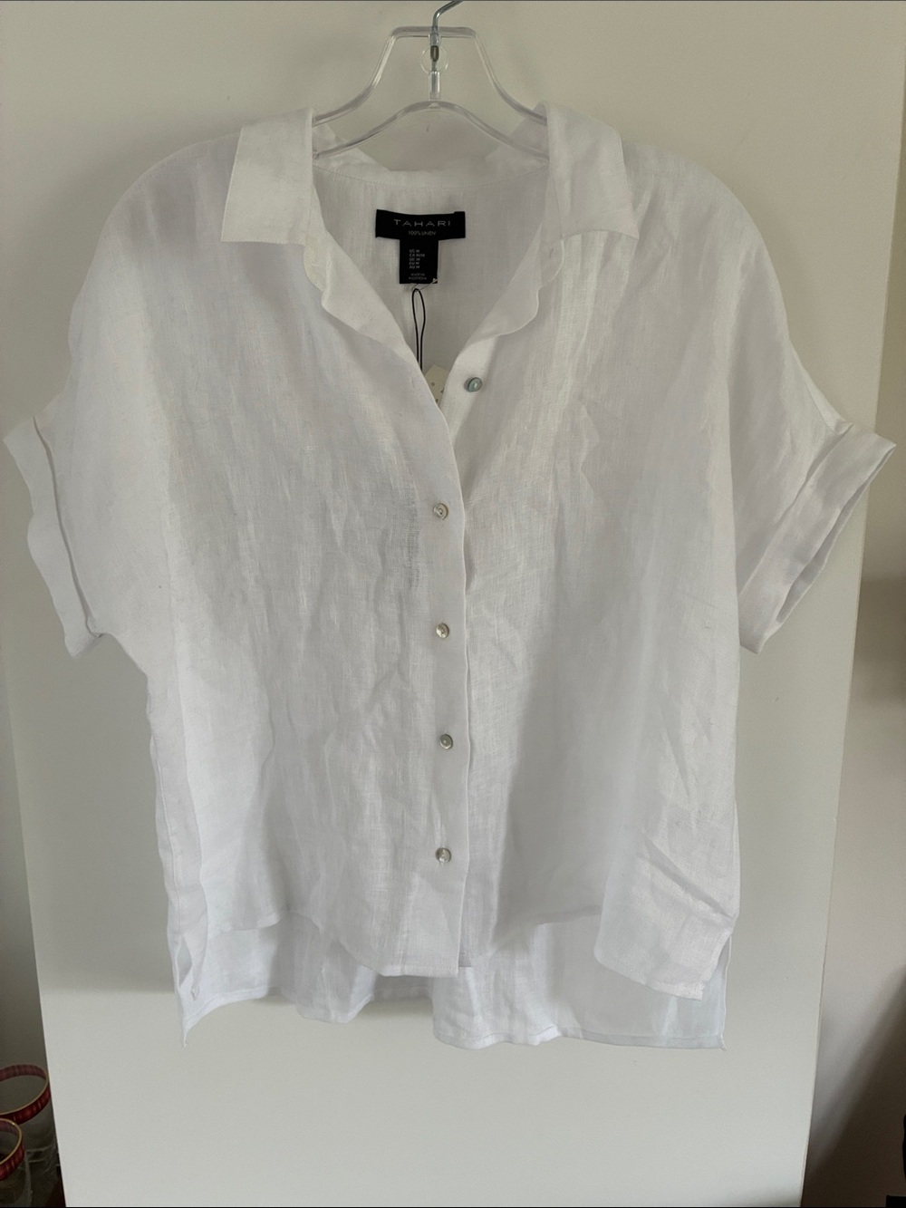 NWT TAHARI White Linen Short Sleeve Button-Front Shirt cap sleeve new